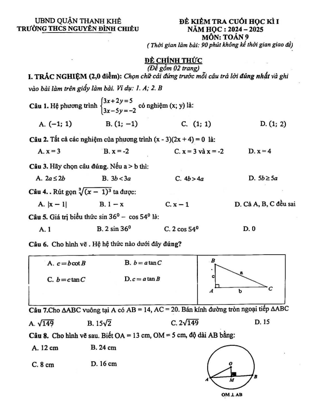 đề cuối học kì 1 toán 9 năm 2024 – 2025 trường thcs nguyễn đình chiểu – đà nẵng