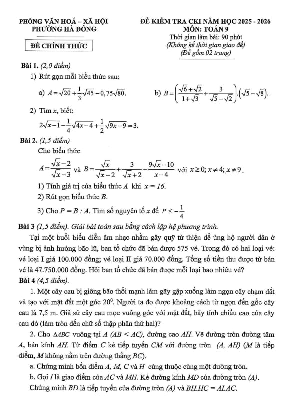 đề cuối học kì 1 toán 9 năm 2025 – 2026 phường hà đông – hà nội