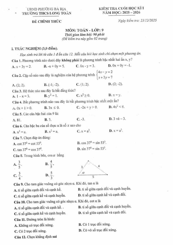 đề cuối học kì 1 toán 9 năm 2025 – 2026 trường thcs long toàn – tp hcm