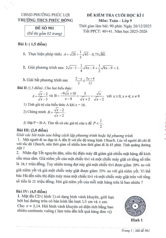 đề cuối học kì 1 toán 9 năm 2025 – 2026 trường thcs phúc đồng – hà nội