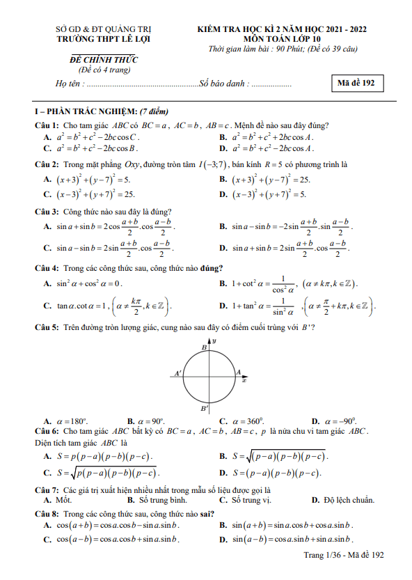 đề cuối học kì 2 toán 10 năm 2021 – 2022 trường thpt lê lợi – quảng trị