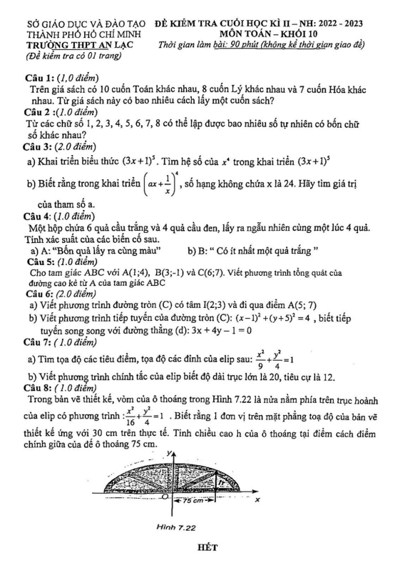 đề cuối học kì 2 toán 10 năm 2022 – 2023 trường thpt an lạc – tp hcm