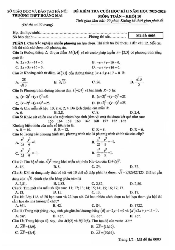 đề cuối học kì 2 toán 10 năm 2025 – 2026 trường thpt hoàng mai – hà nội
