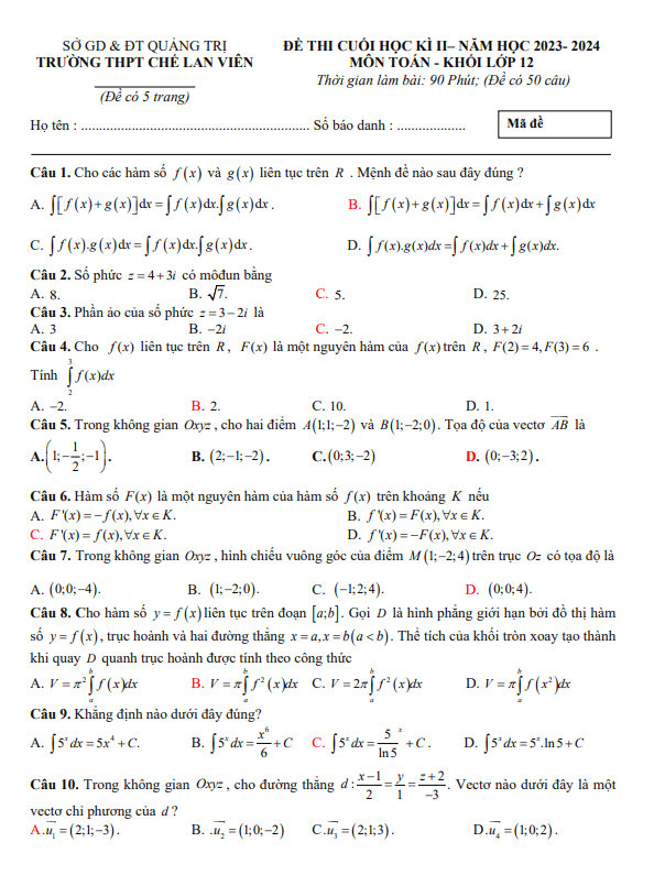 đề cuối học kì 2 toán 12 năm 2023 – 2024 trường thpt chế lan viên – quảng trị