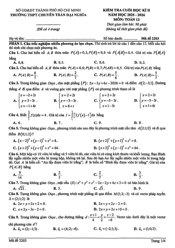 đề cuối học kì 2 toán 12 năm 2025 – 2026 trường chuyên trần đại nghĩa – tp hcm