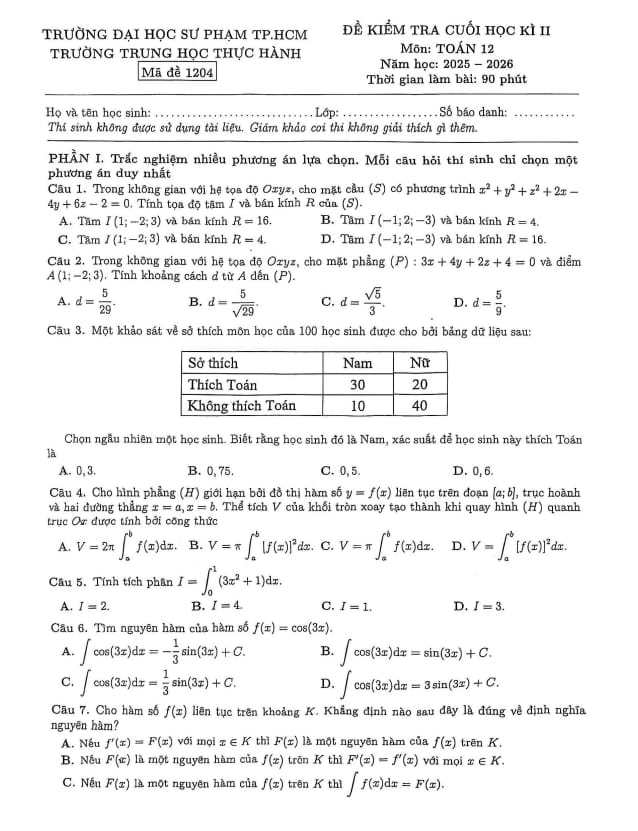 đề cuối học kì 2 toán 12 năm 2025 – 2026 trường trung học thực hành đhsp – tp hcm