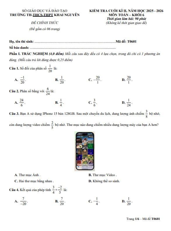 đề cuối học kì 2 toán 6 năm 2025 – 2026 trường khai nguyên – tp hcm