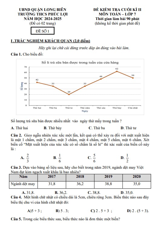 đề cuối học kì 2 toán 7 năm 2024 – 2025 trường thcs phúc lợi – hà nội