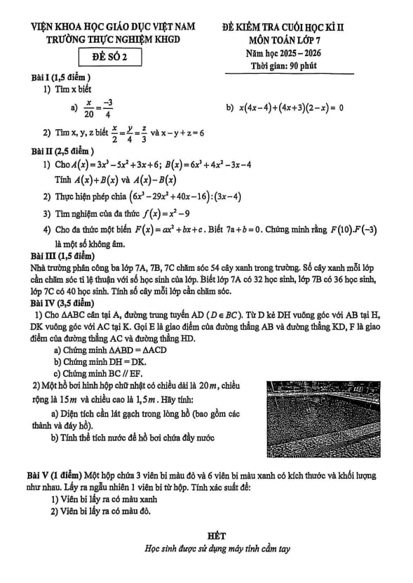 đề cuối học kì 2 toán 7 năm 2025 – 2026 trường thực nghiệm khgd – hà nội