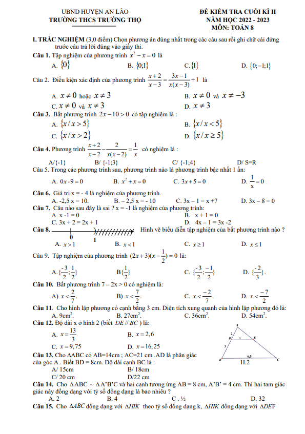 đề cuối học kì 2 toán 8 năm 2022 – 2023 trường thcs trường thọ – hải phòng