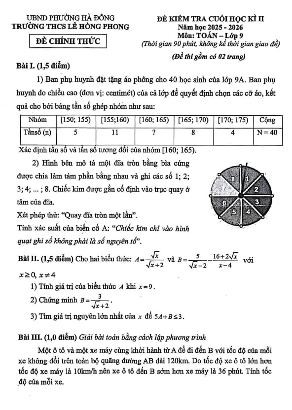 đề cuối học kì 2 toán 9 năm 2025 – 2026 trường thcs lê hồng phong – hà nội