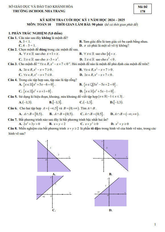 đề cuối học kỳ 1 toán 10 năm 2024 – 2025 trường ischool nha trang – khánh hòa