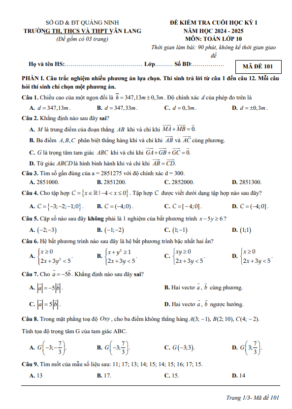 đề cuối học kỳ 1 toán 10 năm 2024 – 2025 trường văn lang – quảng ninh