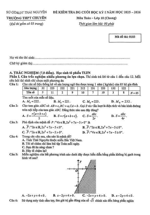 đề cuối học kỳ 1 toán 10 năm 2025 – 2026 trường thpt chuyên thái nguyên