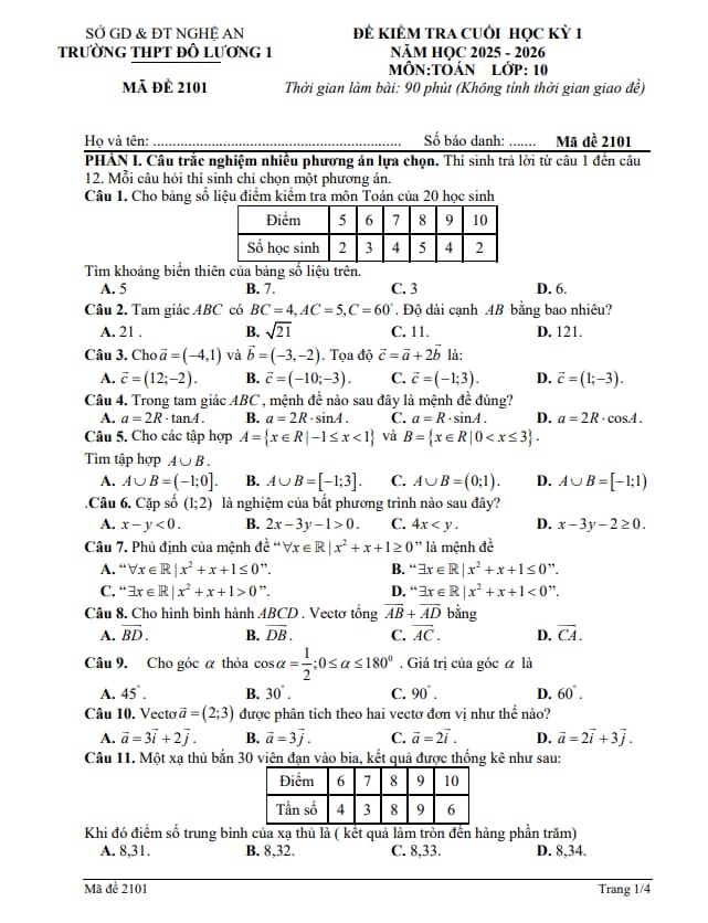 đề cuối học kỳ 1 toán 10 năm 2025 – 2026 trường thpt đô lương 1 – nghệ an