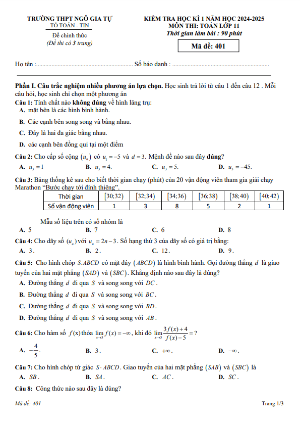 đề cuối học kỳ 1 toán 11 năm 2024 – 2025 trường thpt ngô gia tự – đắk lắk