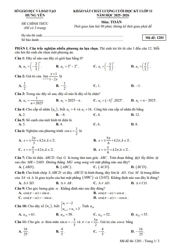 đề cuối học kỳ 1 toán 11 năm 2025 – 2026 sở gd&đt hưng yên