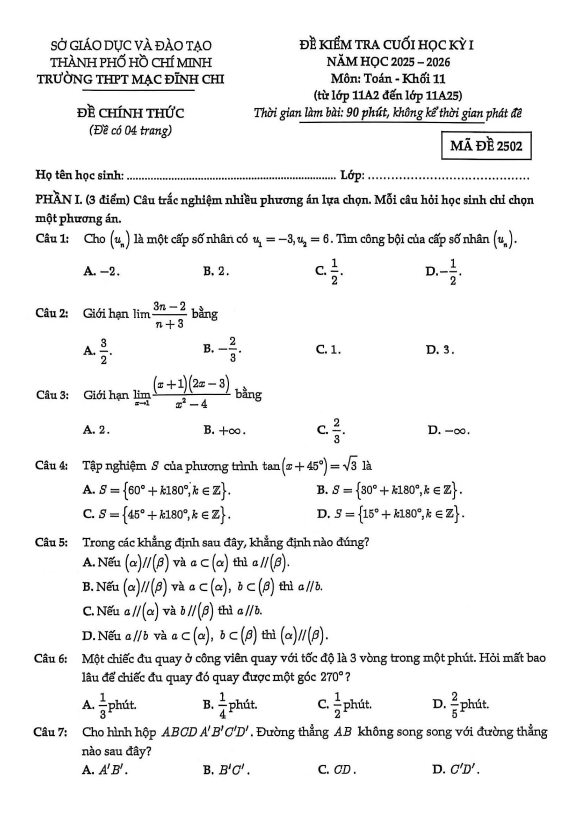 đề cuối học kỳ 1 toán 11 năm 2025 – 2026 trường thpt mạc đĩnh chi – tp hcm