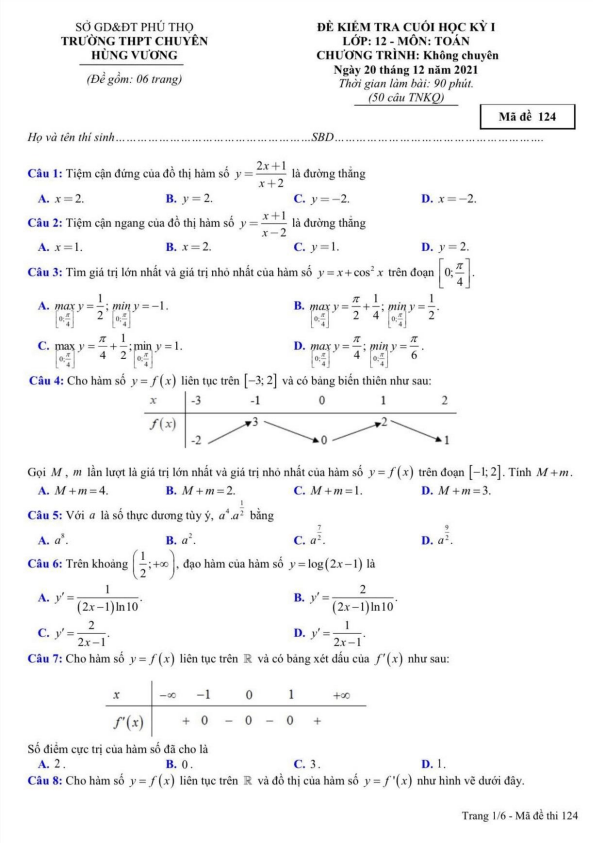 đề cuối học kỳ 1 toán 12 năm 2021 – 2022 trường chuyên hùng vương – phú thọ