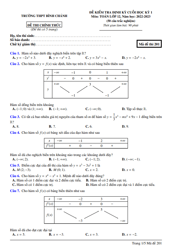đề cuối học kỳ 1 toán 12 năm 2022 – 2023 trường thpt bình chánh – tp hcm
