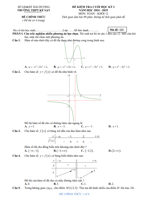 đề cuối học kỳ 1 toán 12 năm 2024 – 2025 trường thpt kẻ sặt – hải dương