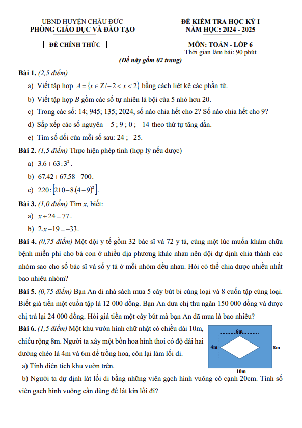 đề cuối học kỳ 1 toán 6 năm 2024 – 2025 phòng gd&đt châu đức – br vt