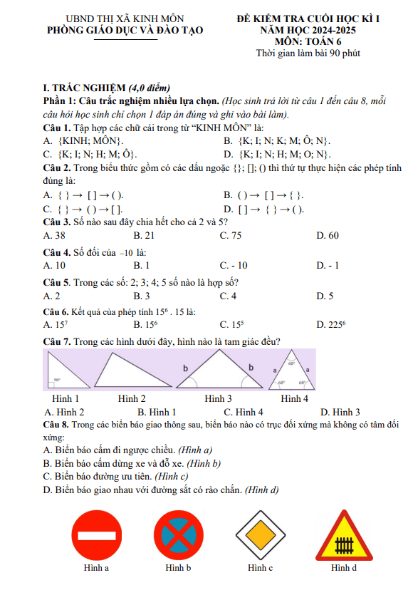 đề cuối học kỳ 1 toán 6 năm 2024 – 2025 phòng gd&đt kinh môn – hải dương