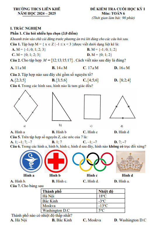 đề cuối học kỳ 1 toán 6 năm 2024 – 2025 trường thcs liên khê – hải phòng