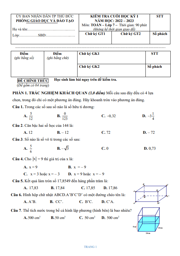 đề cuối học kỳ 1 toán 7 năm 2022 – 2023 phòng gd&đt thủ đức – tp hcm