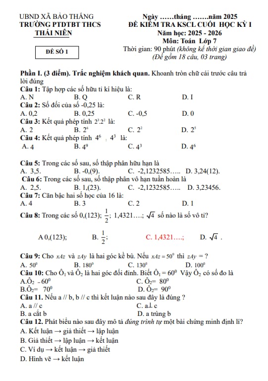 đề cuối học kỳ 1 toán 7 năm 2025 – 2026 trường thcs thái niên – lào cai