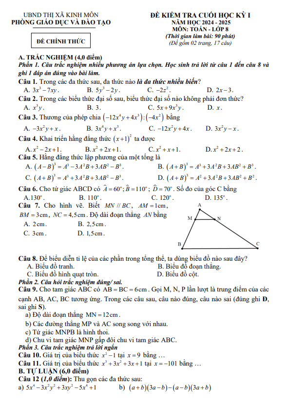 đề cuối học kỳ 1 toán 8 năm 2024 – 2025 phòng gd&đt kinh môn – hải dương