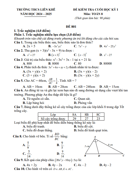 đề cuối học kỳ 1 toán 8 năm 2024 – 2025 trường thcs liên khê – hải phòng
