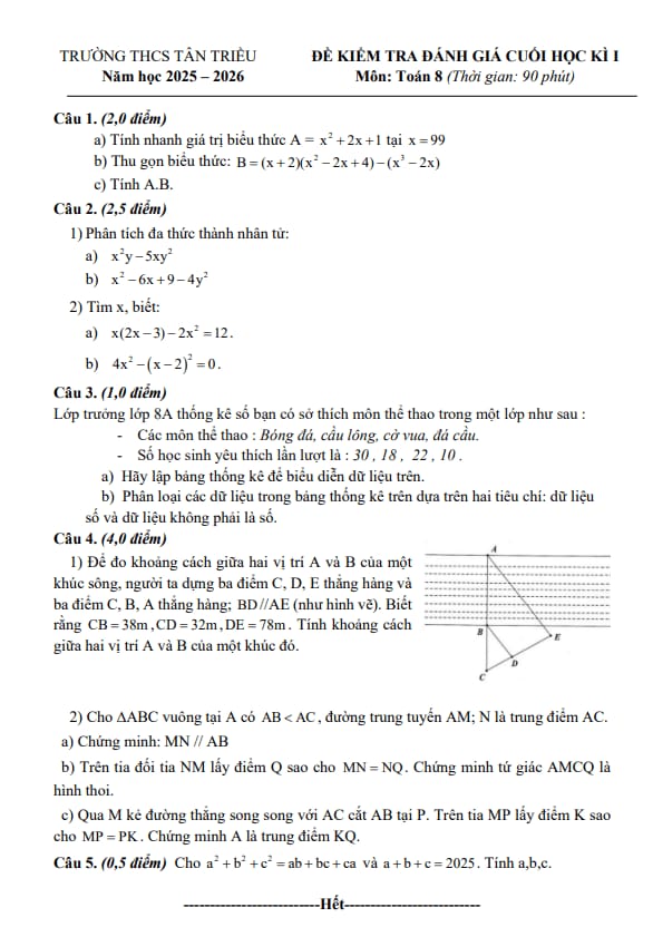 đề cuối học kỳ 1 toán 8 năm 2025 – 2026 trường thcs tân triều – hà nội