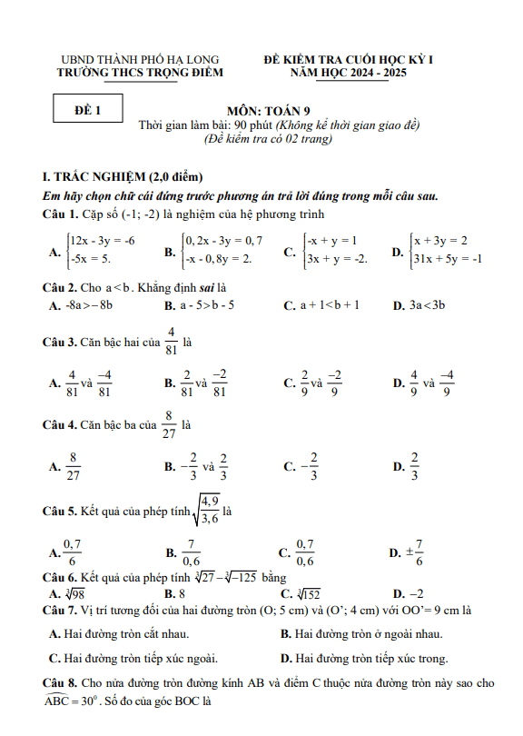 đề cuối học kỳ 1 toán 9 năm 2024 – 2025 trường thcs trọng điểm – quảng ninh