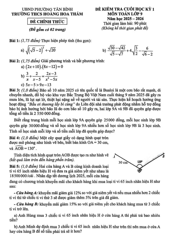 đề cuối học kỳ 1 toán 9 năm 2025 – 2026 trường thcs hoàng hoa thám – tp hcm