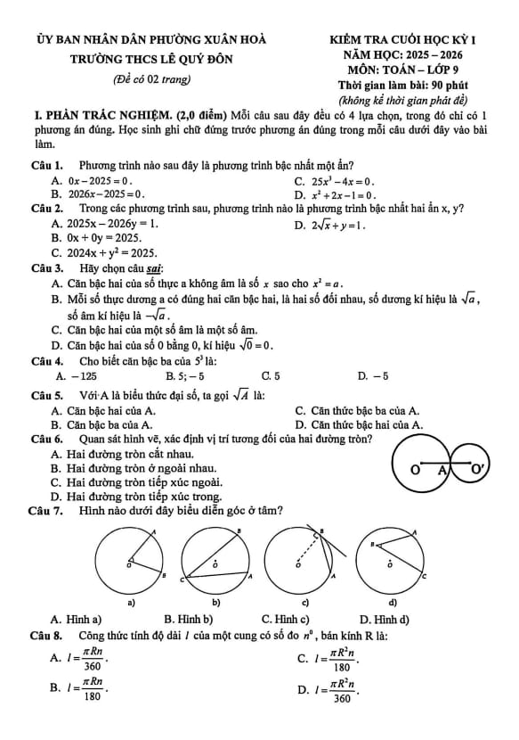 đề cuối học kỳ 1 toán 9 năm 2025 – 2026 trường thcs lê quý đôn – tp hcm