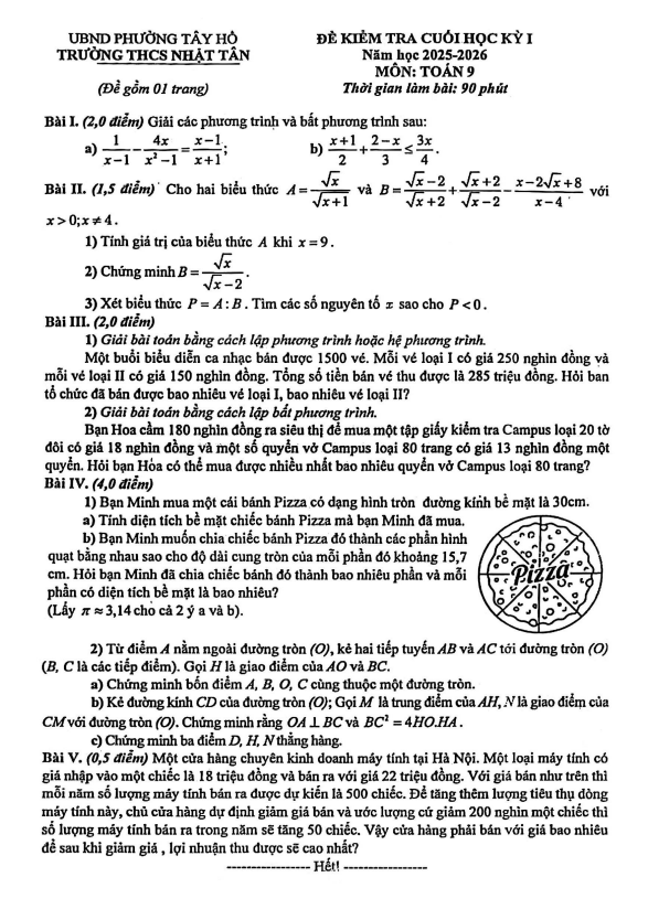 đề cuối học kỳ 1 toán 9 năm 2025 – 2026 trường thcs nhật tân – hà nội