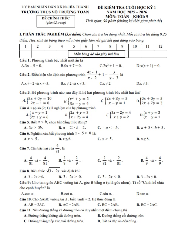 đề cuối học kỳ 1 toán 9 năm 2025 – 2026 trường thcs võ trường toản – tp hcm