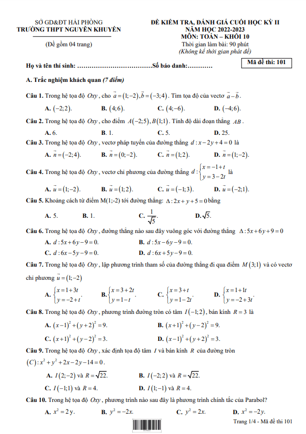 đề cuối học kỳ 2 toán 10 năm 2022 – 2023 trường thpt nguyễn khuyến – hải phòng