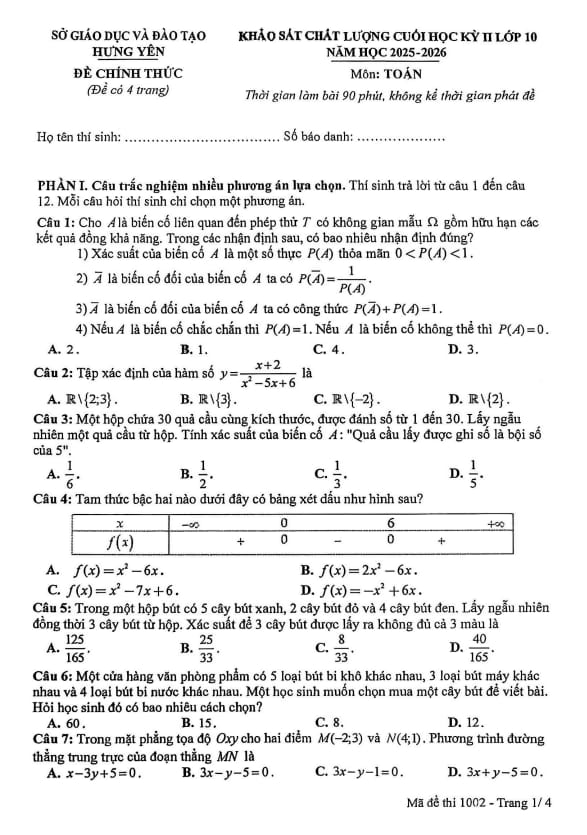 đề cuối học kỳ 2 toán 10 năm 2025 – 2026 sở gd&đt hưng yên