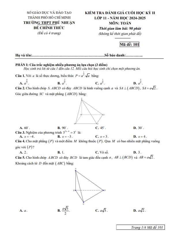 đề cuối học kỳ 2 toán 11 năm 2024 – 2025 trường thpt phú nhuận – tp hcm