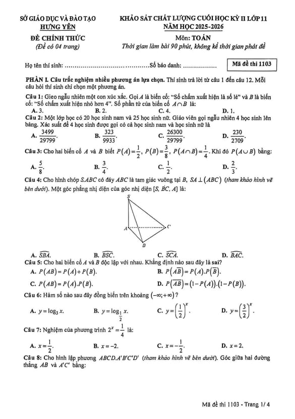 đề cuối học kỳ 2 toán 11 năm 2025 – 2026 sở gd&đt hưng yên