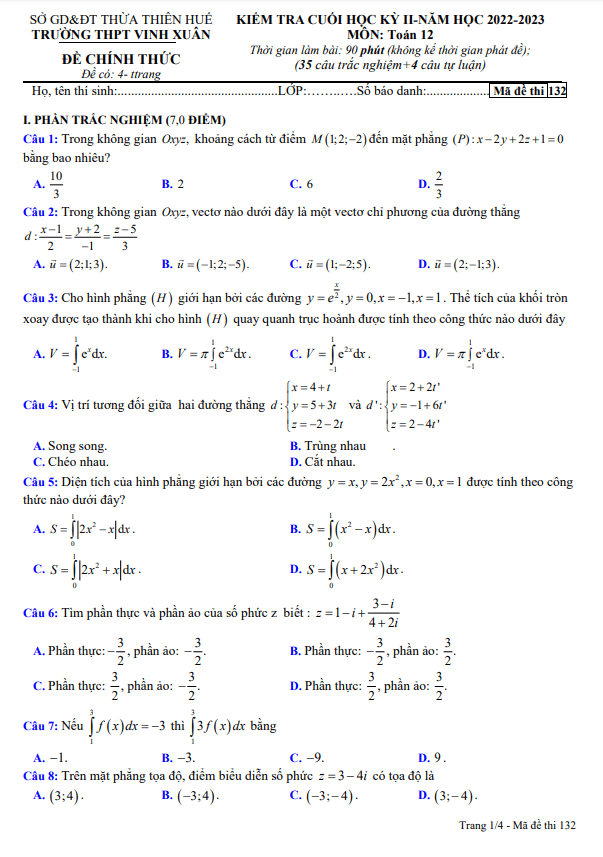 đề cuối học kỳ 2 toán 12 năm 2022 – 2023 trường thpt vinh xuân – tt huế