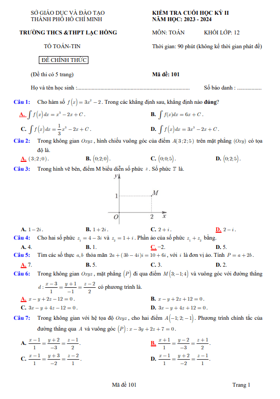 đề cuối học kỳ 2 toán 12 năm 2023 – 2024 trường lạc hồng – tp hcm