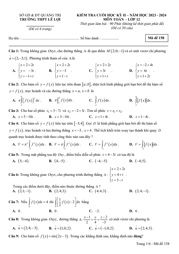 đề cuối học kỳ 2 toán 12 năm 2023 – 2024 trường thpt lê lợi – quảng trị
