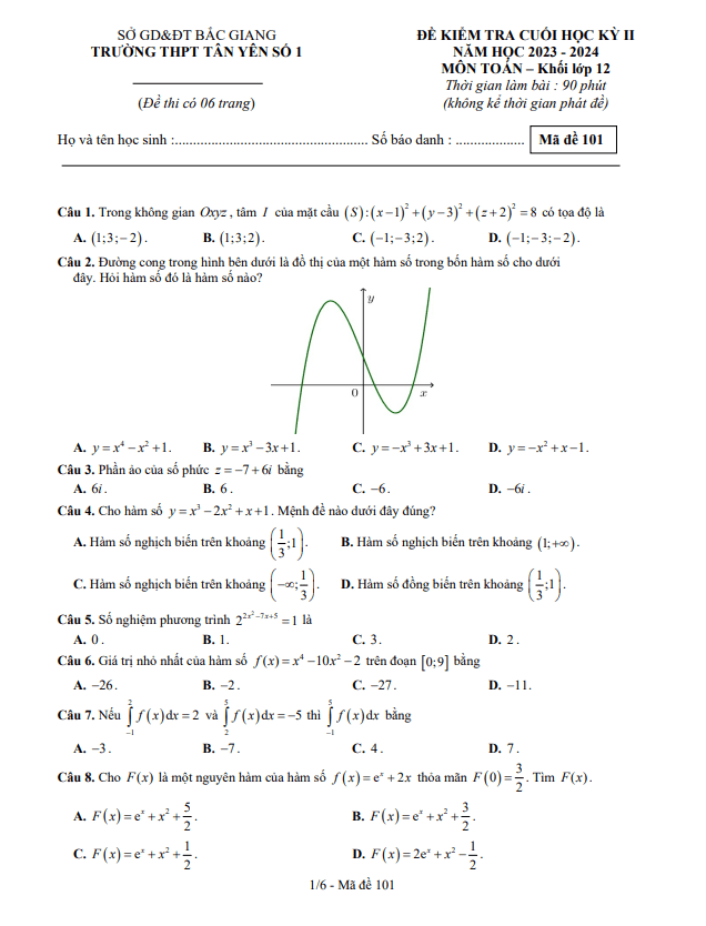 đề cuối học kỳ 2 toán 12 năm 2023 – 2024 trường thpt tân yên 1 – bắc giang