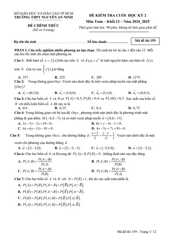 đề cuối học kỳ 2 toán 12 năm 2024 – 2025 trường thpt nguyễn an ninh – tp hcm