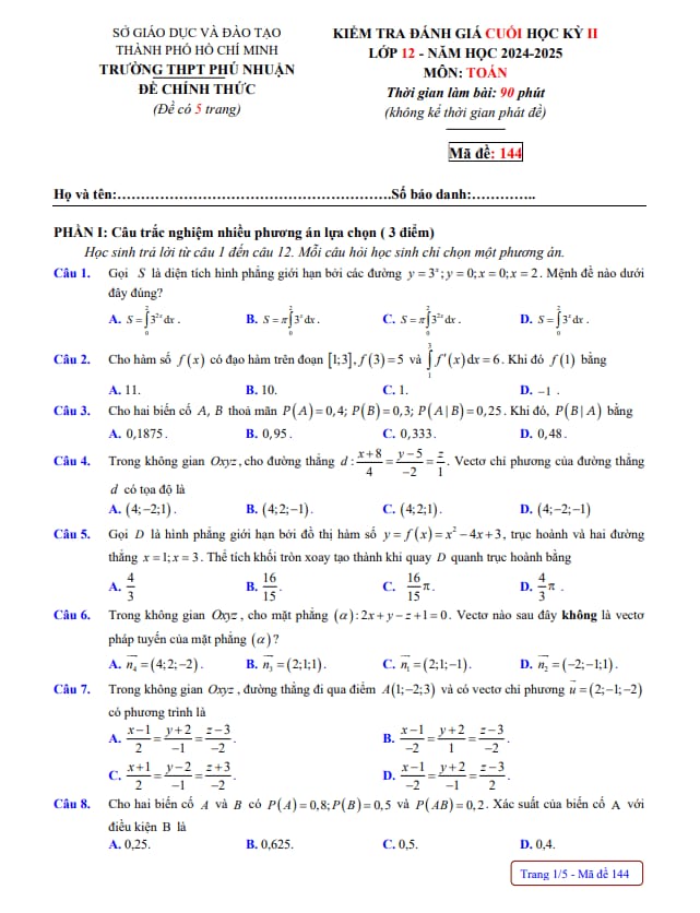 đề cuối học kỳ 2 toán 12 năm 2024 – 2025 trường thpt phú nhuận – tp hcm