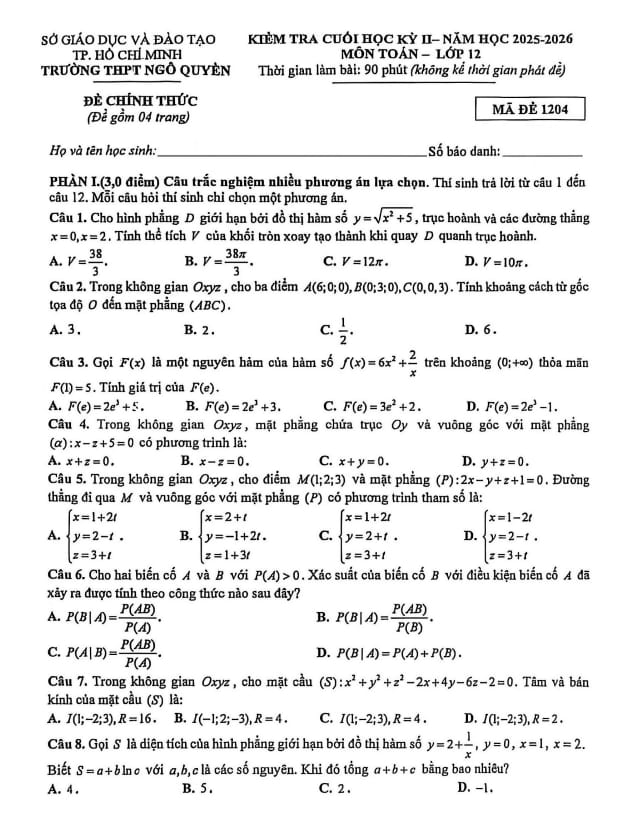 đề cuối học kỳ 2 toán 12 năm 2025 – 2026 trường thpt ngô quyền – tp hcm