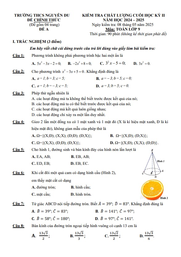 đề cuối học kỳ 2 toán 9 năm 2024 – 2025 trường thcs nguyễn du – lâm đồng
